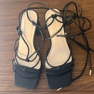 Bamboo Women's Square Open Toe Lace Up Block Heels